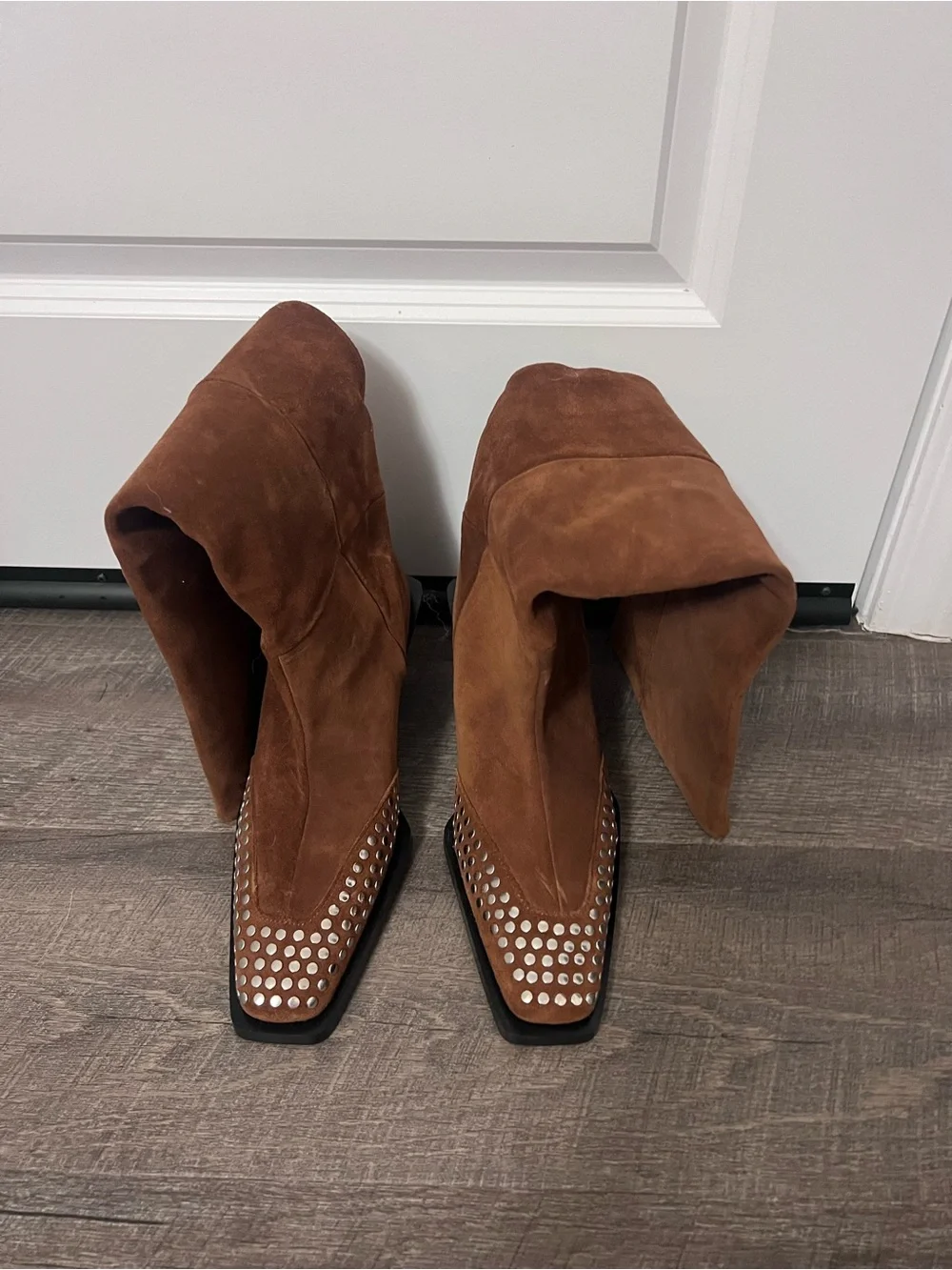 Brand New Suede Knee-High Studded Western Boots - Brown
